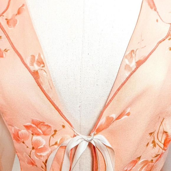Vintage 1970s Lace Up Tie Front Sheer Flowy Coral Asymmetrical Fairy Blouse - Picture 6 of 7